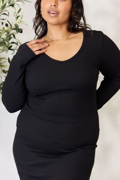 Culture Code Full Size Ribbed Long Sleeve Midi Slit Dress-4