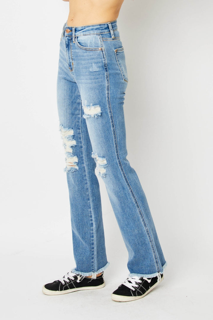 Judy Blue Full Size Distressed Raw Hem Bootcut Jeans-2