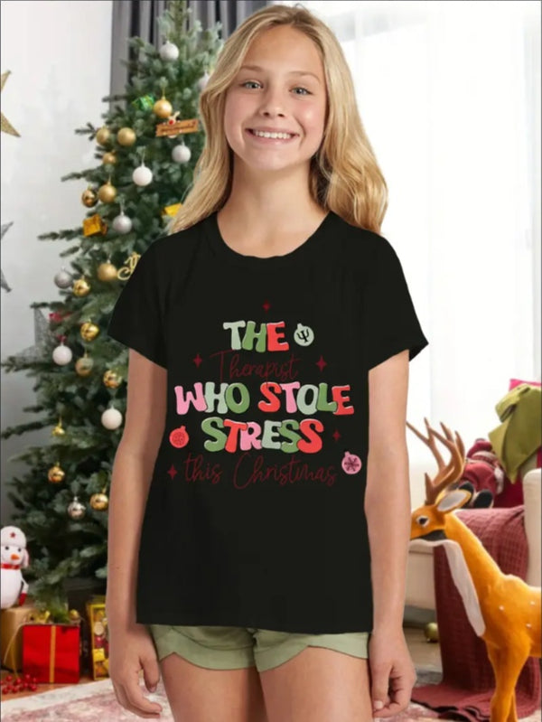 Casual Sports Round-Neck T-Shirt With Christmas Text And Pattern For Young