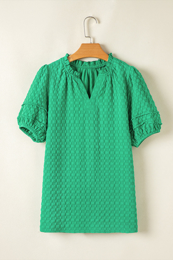Kalani Textured Puff Short Sleeve Notched V Neck Top-3