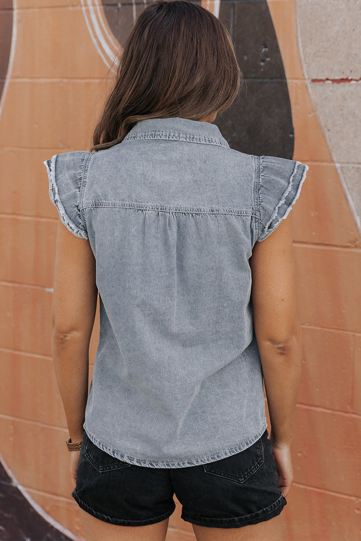 Bridget Frayed Ruffle Sleeve Denim Shirt-1