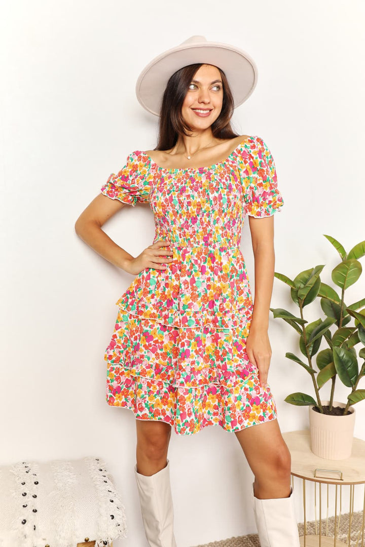 Double Take Smocked Sweetheart Neck Flounce Sleeve Mini Dress-2