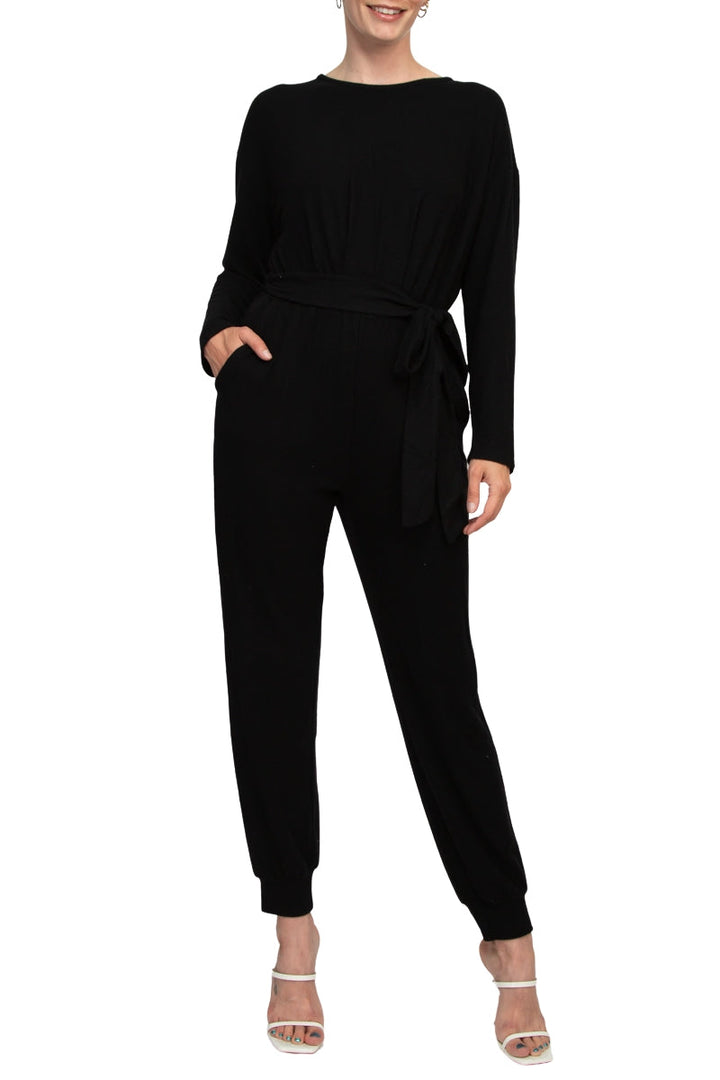 Philosophy Crew Neck Dolman Long Sleeve Tie Waist Elastic Hem Pockets Jersey Knit Jumpsuit-0