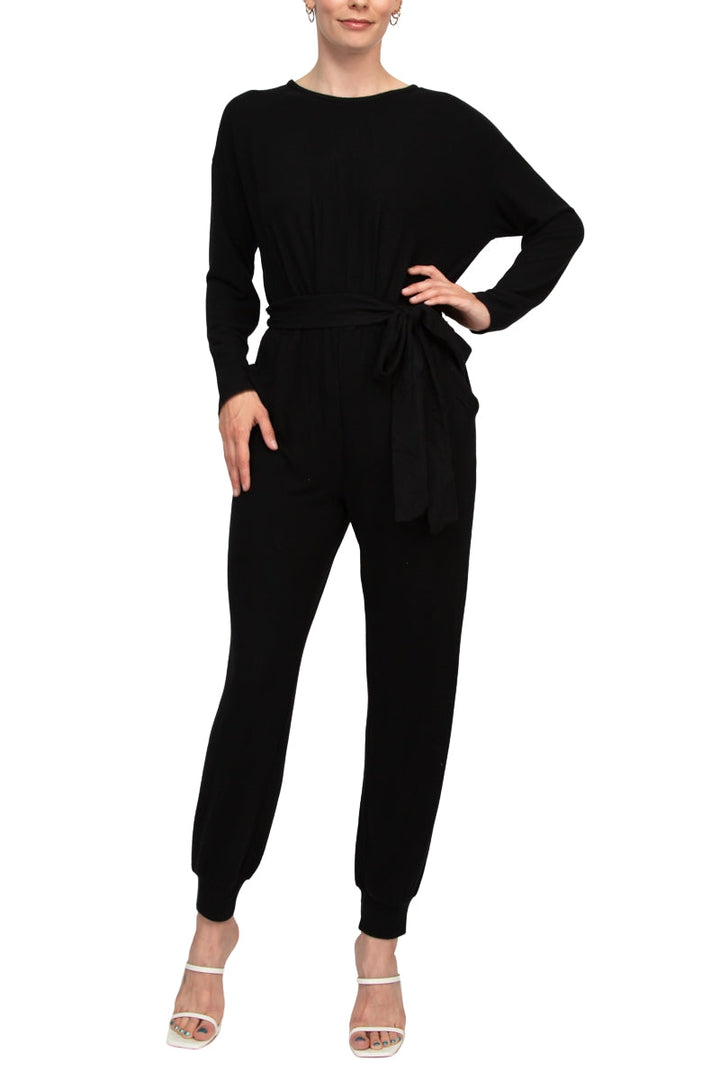 Philosophy Crew Neck Dolman Long Sleeve Tie Waist Elastic Hem Pockets Jersey Knit Jumpsuit-1