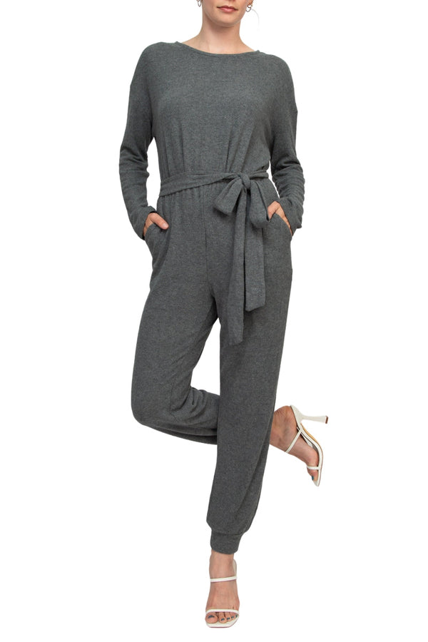 Philosophy Crew Neck Dolman Long Sleeve Tie Waist Elastic Hem Pockets Jersey Knit Jumpsuit-5