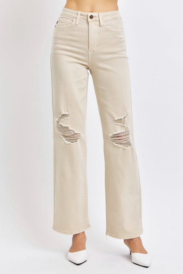 Judy Blue Full Size High Waist Distressed Wide Leg Jeans-0