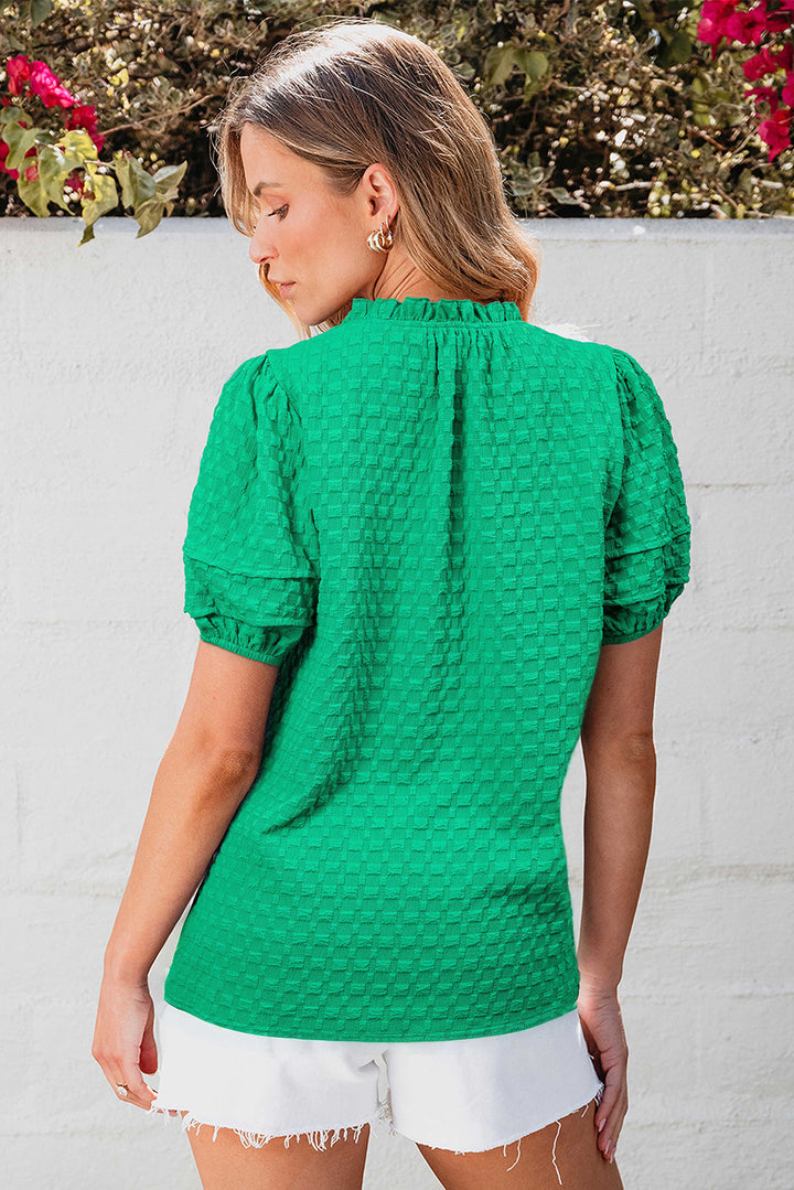 Kalani Textured Puff Short Sleeve Notched V Neck Top-1
