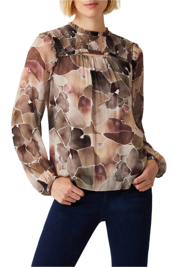 Ecru Designs High Neck Long Sleeve Multi Print Viscose Blouse-0