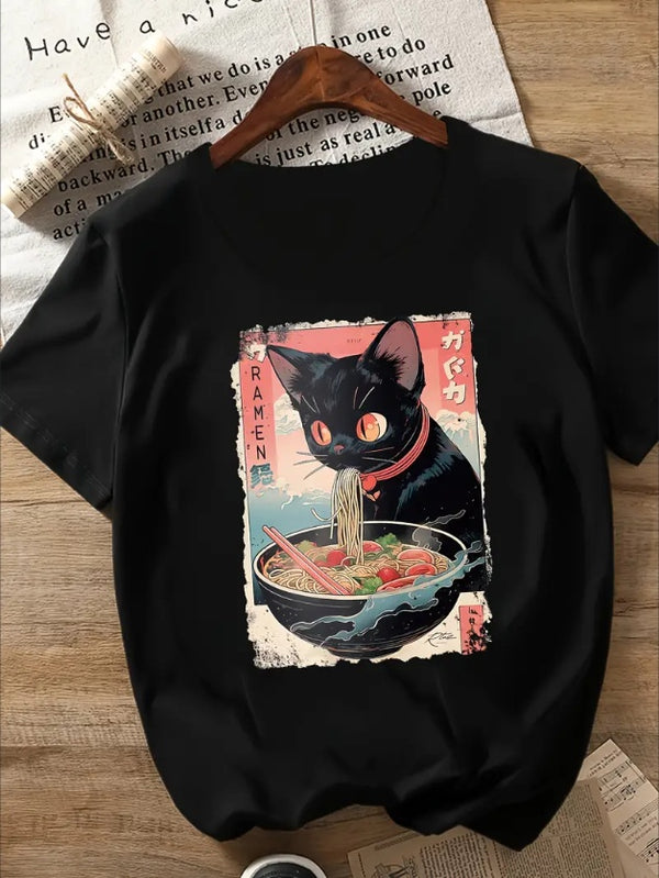 Cat Print T-shirt, Short Sleeve Crew Neck Casual Top For Summer & Spring, Women's Clothing