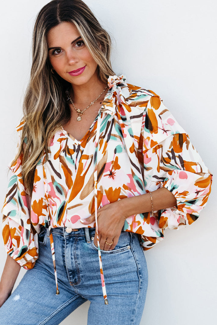 Aurelia Drawstring Frilled V Neck 3/4 Sleeve Blouse-2