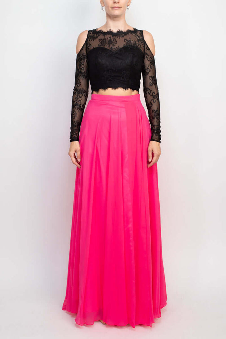 Dave & Johnny Scalloped Neck Cutout Shoulder Illusion Zipper Back Lace Bodice Chiffon Dress-1