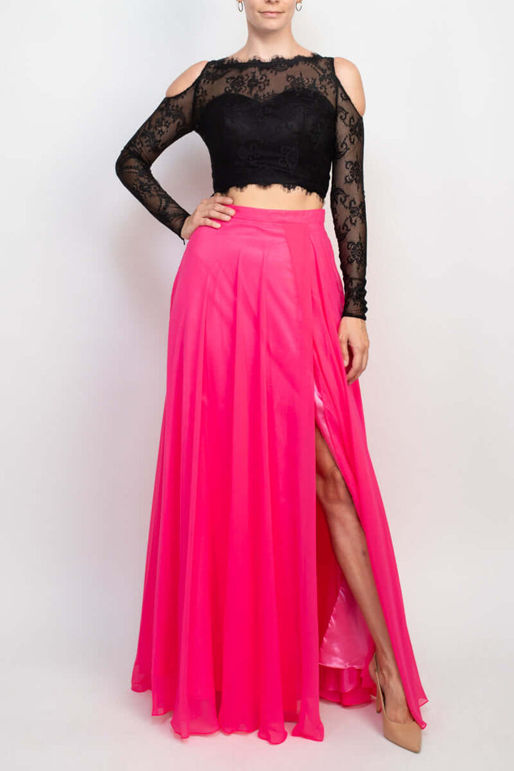 Dave & Johnny Scalloped Neck Cutout Shoulder Illusion Zipper Back Lace Bodice Chiffon Dress-2