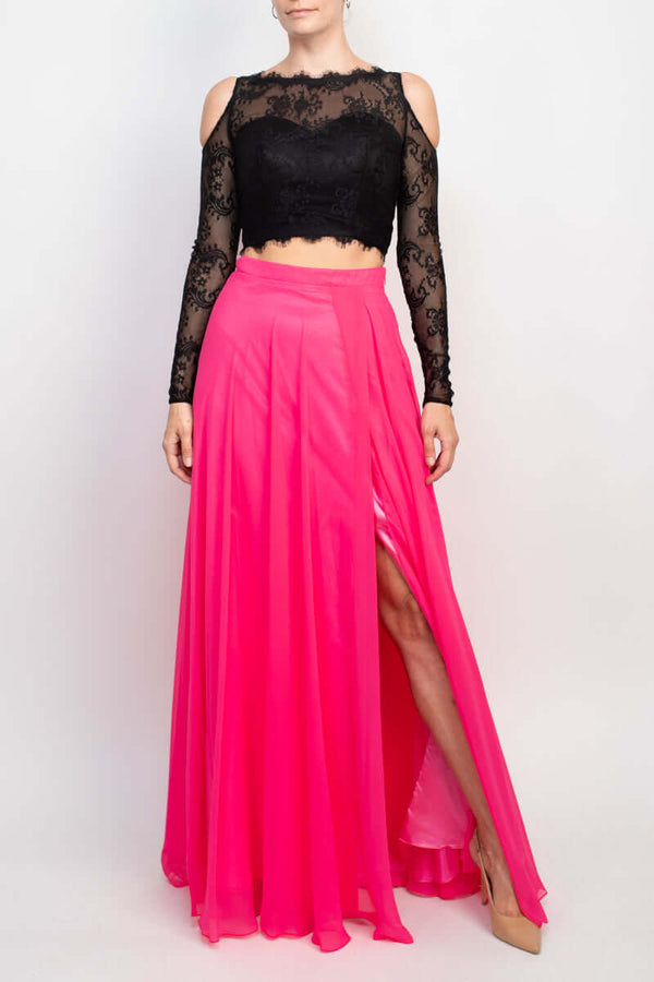 Dave & Johnny Scalloped Neck Cutout Shoulder Illusion Zipper Back Lace Bodice Chiffon Dress-0