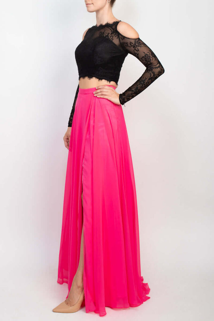 Dave & Johnny Scalloped Neck Cutout Shoulder Illusion Zipper Back Lace Bodice Chiffon Dress-3