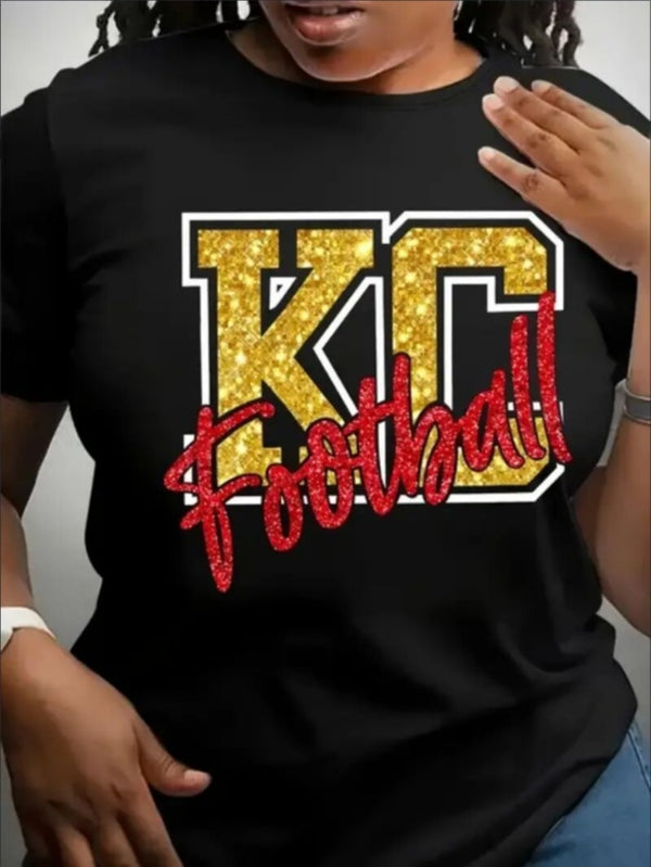 KC, Football Graphic Print T-Shirt - Crew Neck, A Comfortable Women's Short-sleeved Crew Neck T-shirt For Everyday Wear And Stylish Layering