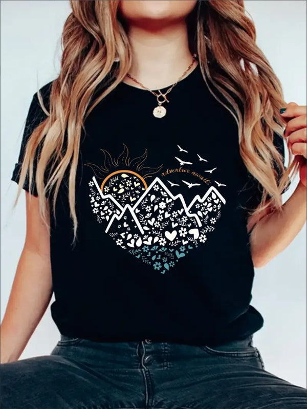 Sun Mountain Graphic Print Solid T-Shirt, Crew Neck Short Sleeve Casual Top For Summer & Spring, Women's Clothing