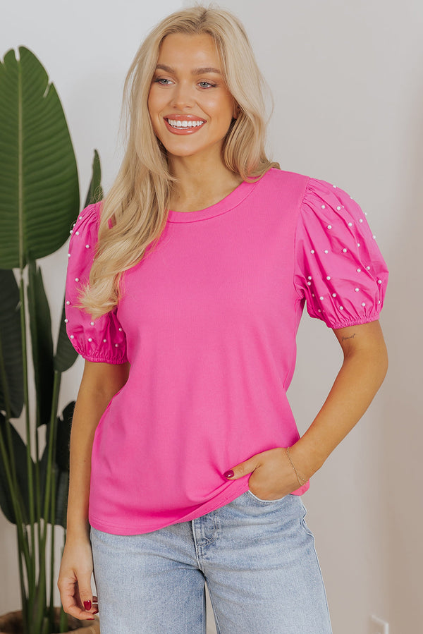 Shiloh Ribbed Pearl Beaded Puff Sleeve Top-0