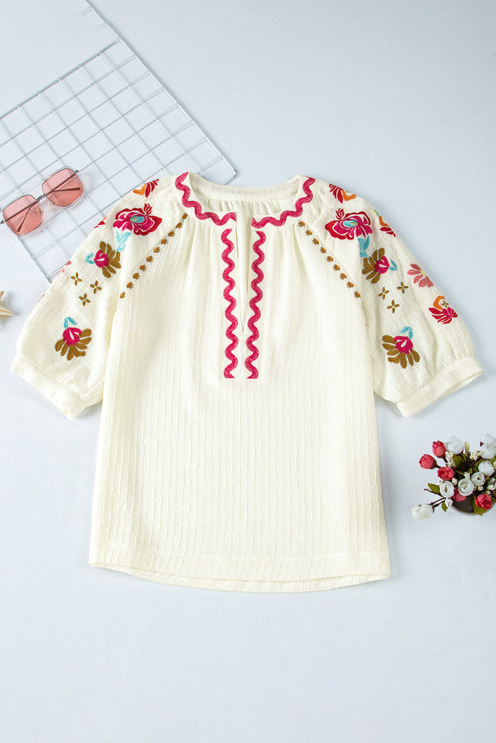 August Floral Embroidered Puff Sleeve Blouse-4