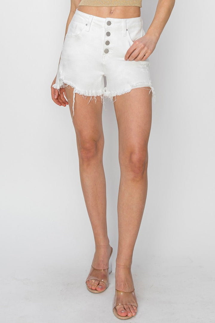 RISEN Button Fly Frayed Hem Denim Shorts-1