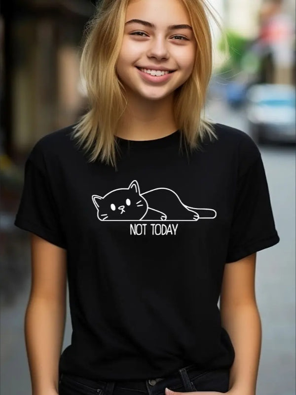 Not Today Cat Print Girls' T-Shirt - Casual Short Sleeve, Crew Neck Top For Teens -  Perfect For Spring Summer