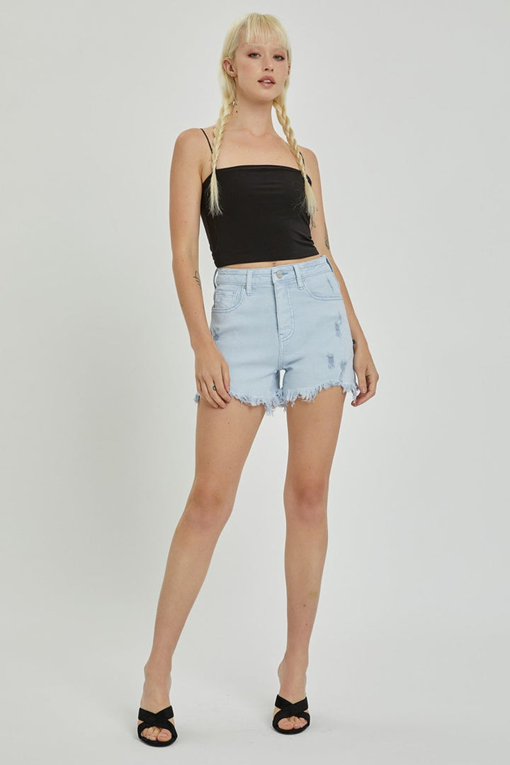 RISEN Full Size High Rise Distressed Detail Denim Shorts-4