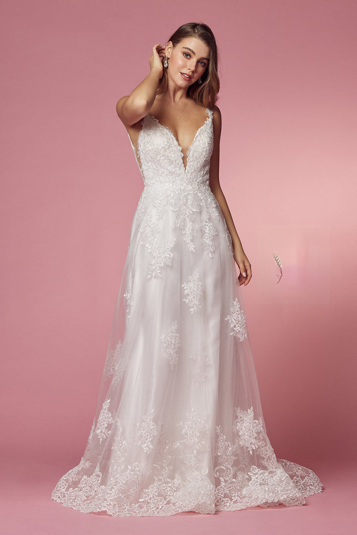 A-Line Classic V-Neck Side Cutouts Laced Straps Long Wedding Dress NXC461-1