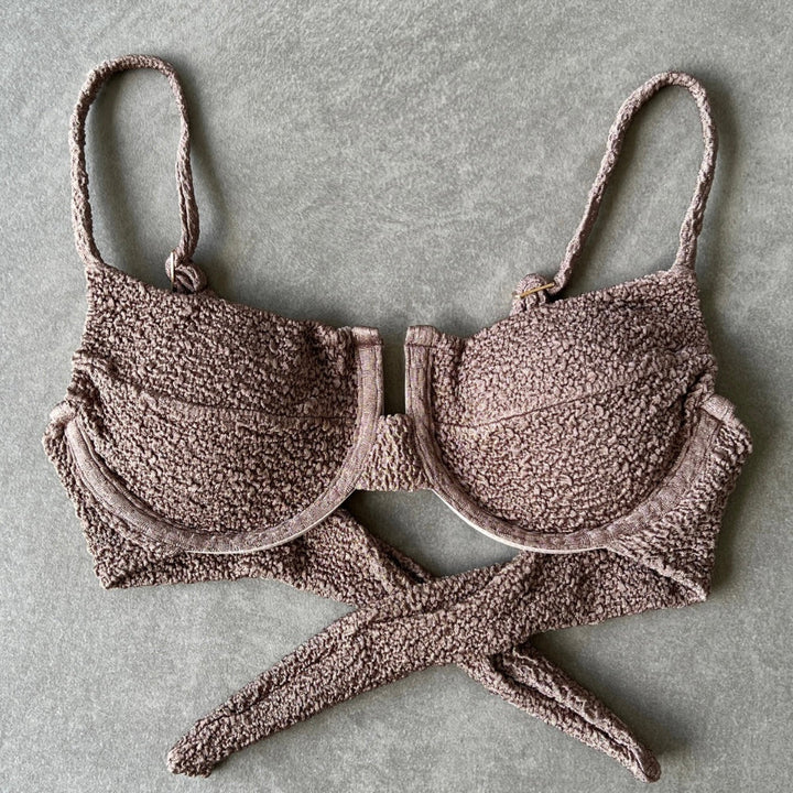 Chocolate Mousse Beehive Textured Panneled Bikini Top-1