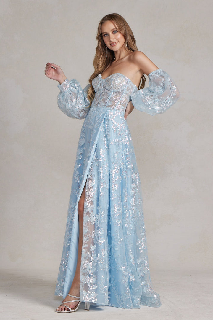 Off Shoulder Sweetheart Sheer Bodice Side Slit Open Back Long Prom Dress NXK1155-2