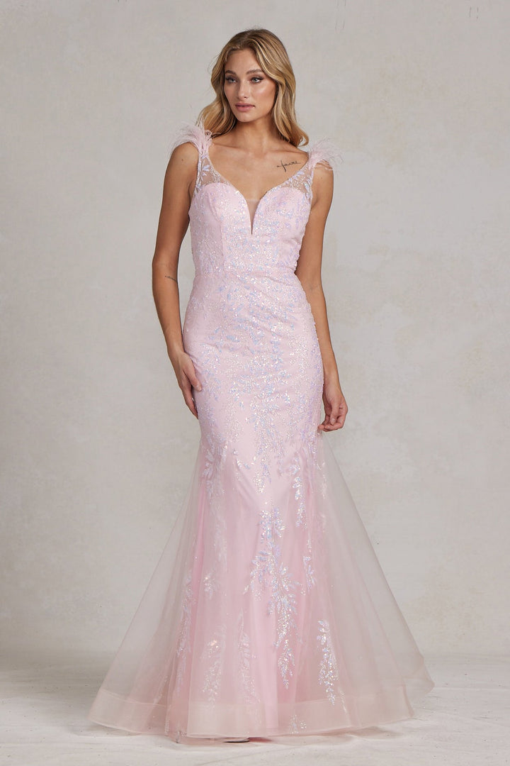 Illusion Sweetheart Straps Mermaid Feather Embellished Long Prom Dress NXT1208-2