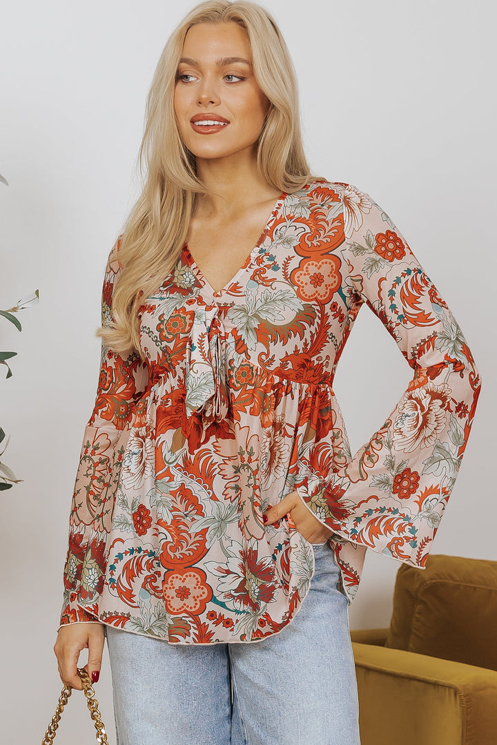 Celeste Floral V Neck Knot Bell Sleeve Blouse-4