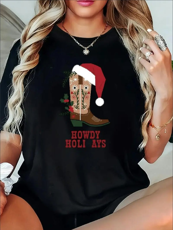 Women'S Christmas Cowboy Boot Print T-Shirt - Casual Crew Neck Short Sleeve For Spring  Summer Fall