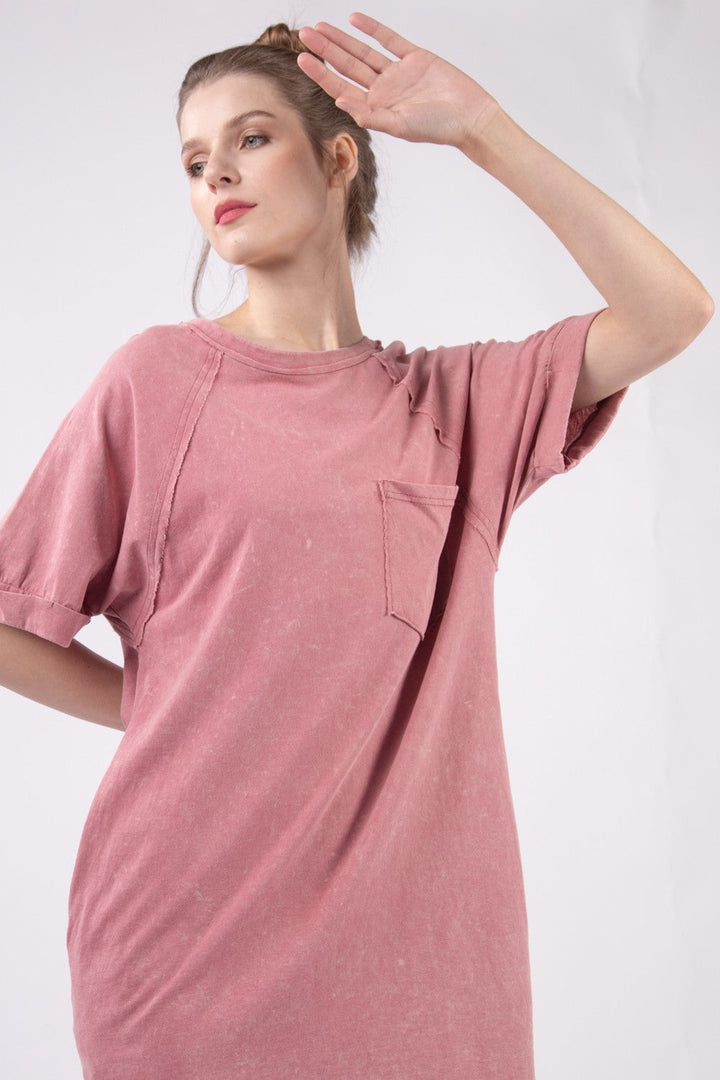 VERY J Washed Round Neck Mini Tee Dress-3
