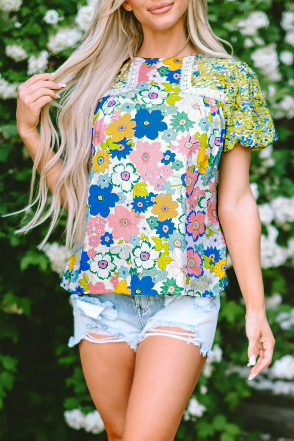 Samira Bubble Sleeve Lace Trim Floral Blouse-0