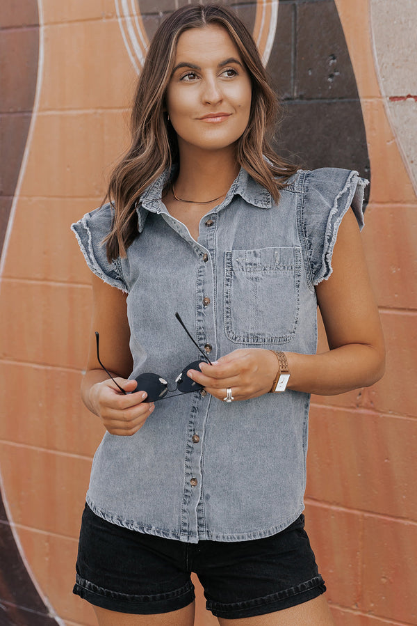 Bridget Frayed Ruffle Sleeve Denim Shirt-5