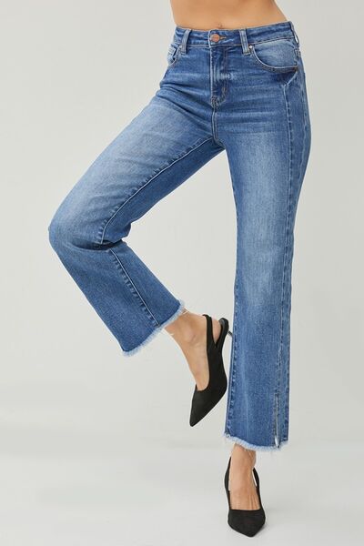 RISEN High Waist Raw Hem Slit Straight Jeans-4