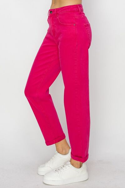 RISEN High Waist Rolled Hem Straight Jeans-3