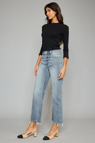 Kancan High Waist Raw Hem Cropped Wide Leg Jeans-3