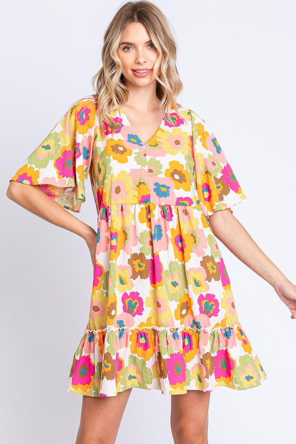 GeeGee Full Size Floral V-Neck Ruffle Trim Mini Dress-0