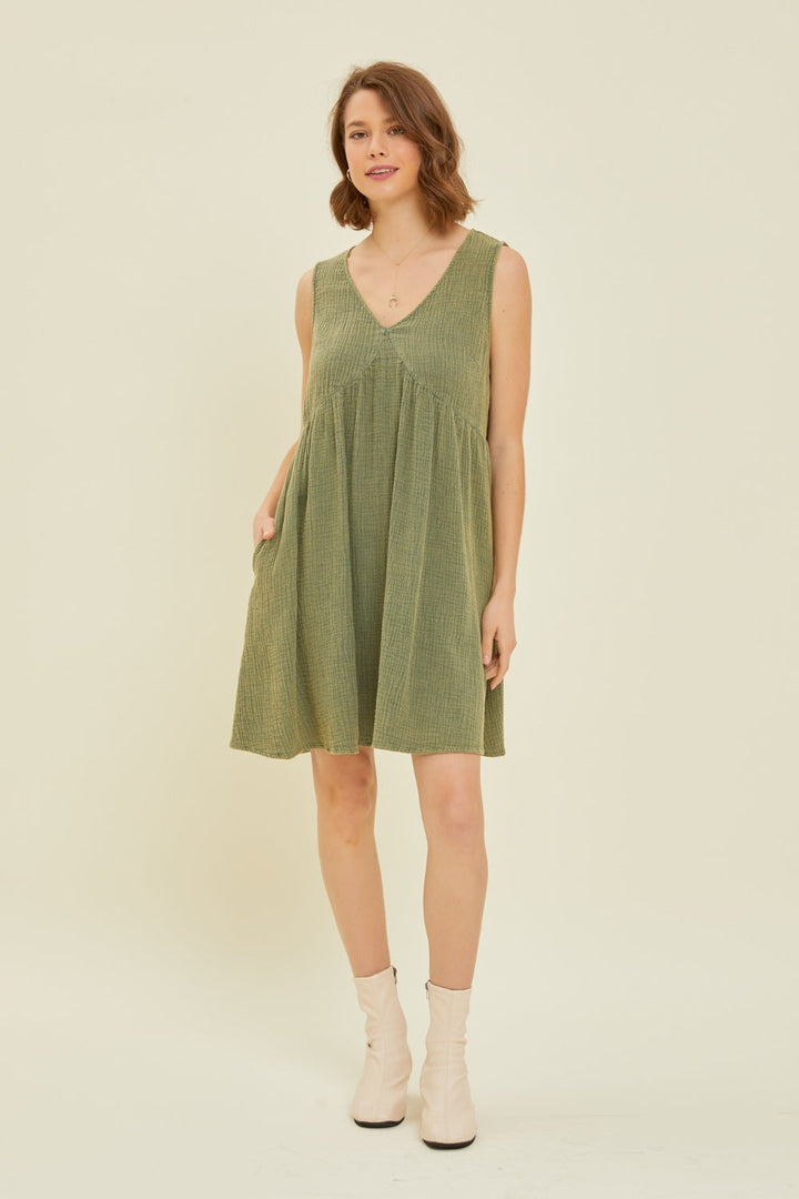HEYSON Full Size Texture V-Neck Sleeveless Flare Mini Dress-2