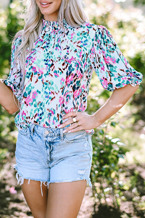Julie Puff Sleeve Mock Neck Blouse-0