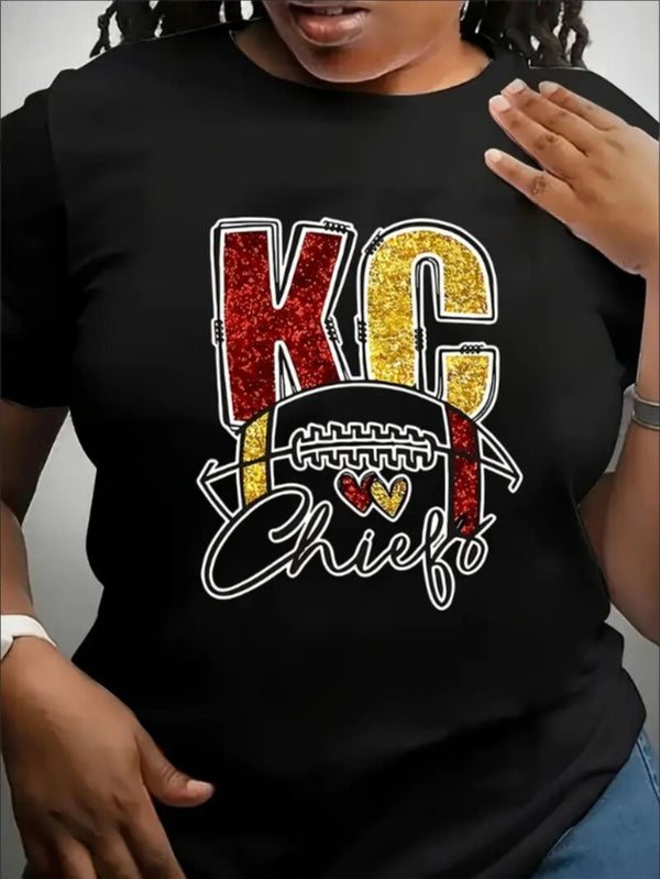 KC, Football Graphic Print T-Shirt - Crew Neck, A Comfortable Women's Short-sleeved Crew Neck T-shirt For Everyday Wear And Stylish Layering