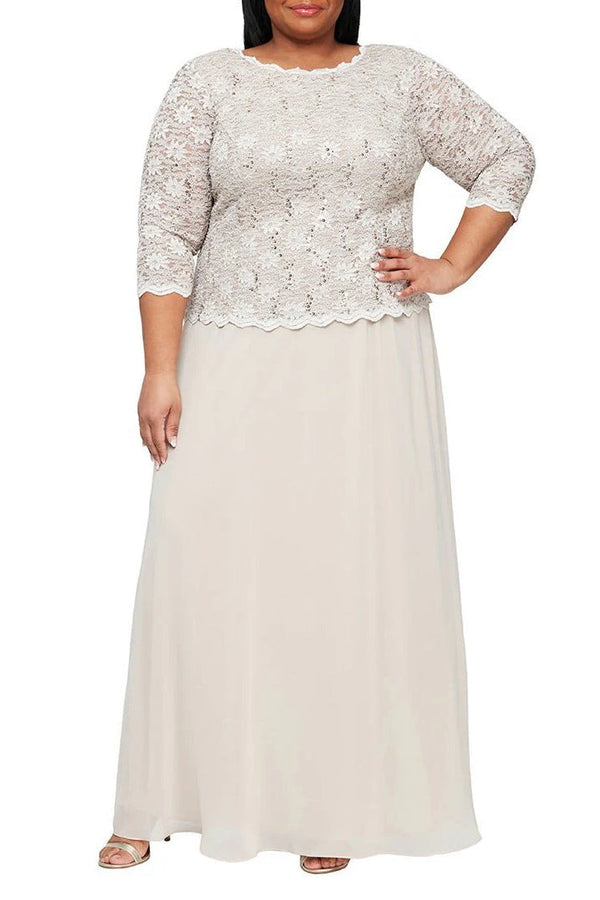 Alex Evening Crew Neck 3/4 Sleeve Popover Lace Top Chiffon Skirt Sequin Dress (Plus Size)-0