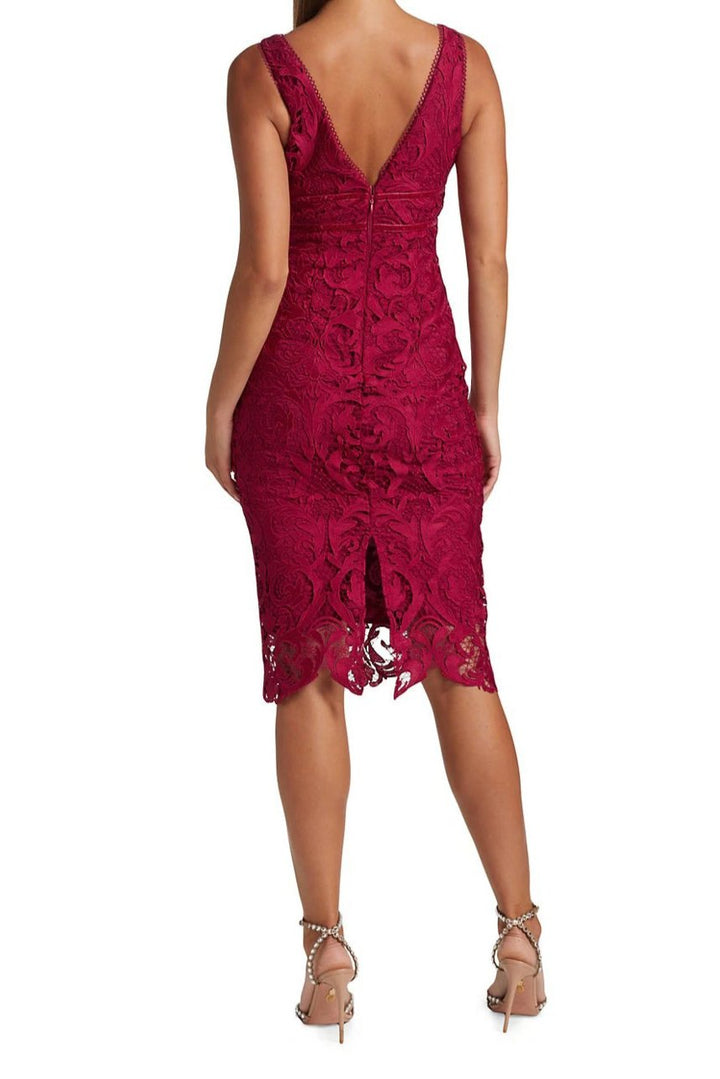 ML Monique Lhuillier V-Neck Sleeveless Banded Waist Bodycon Slit Back Lace Dress-1