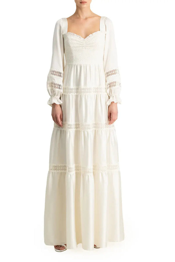 ML Monique Lhuillier Sweetheart Neck Long Sleeve Zipper Back A-Line Smocked Bodice and Lace Insets D-0