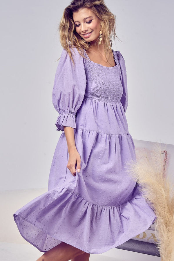BiBi Swiss Dot Flounce Sleeve Smocked Tiered Midi Dress-0