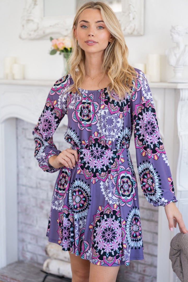 White Birch Printed Long Sleeve Mini Dress with Short Liner-1