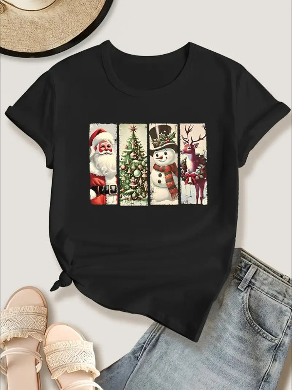 Women'S Plus Size Christmas T-Shirt, Festive Alphabet Applique, Short Sleeve Crew Neck Casual Top