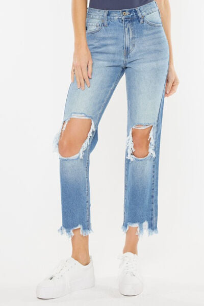 Kancan High Waist Chewed Up Straight Mom Jeans-0