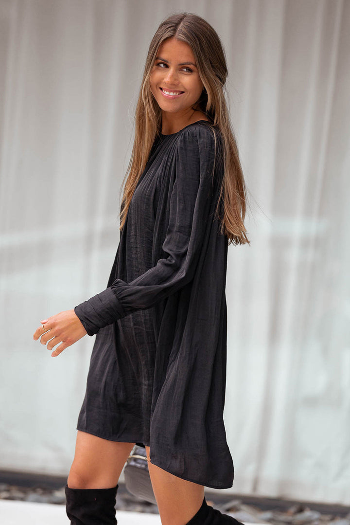 Rowan Solid Bishop Sleeve Pleated Mini Dress-2