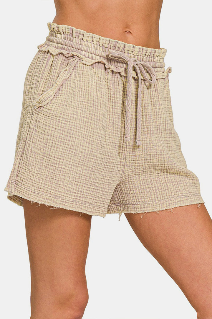 Zenana Washed Frayed Hem Drawstring Shorts-2